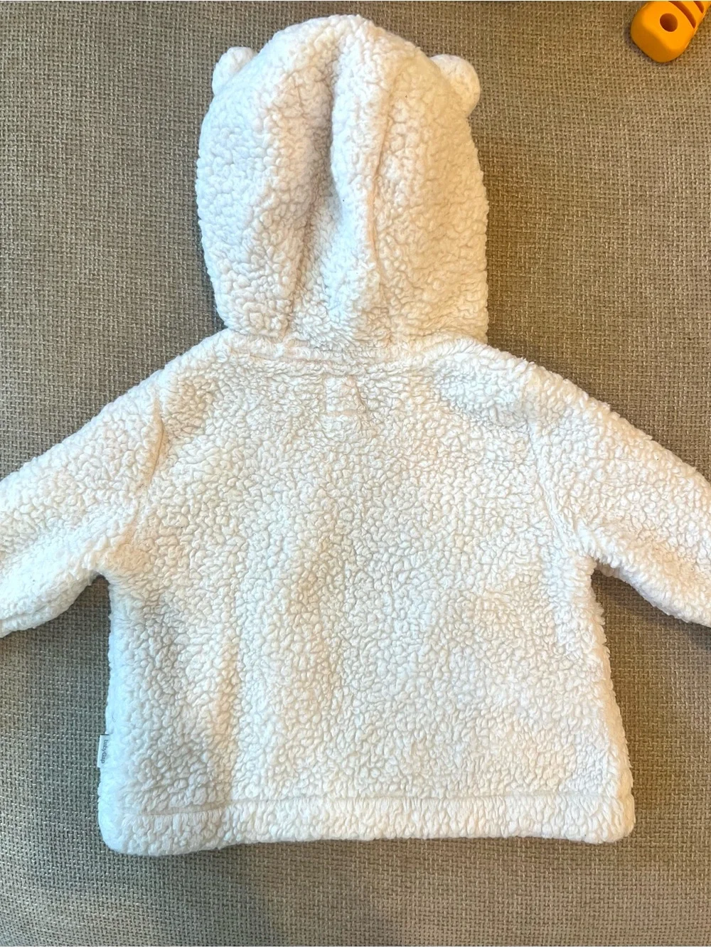 Baby GAP Cream Sherpa Jacket with Floral Cuff Detail and Bear Ears